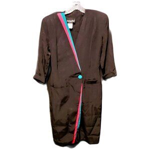 Vintage Wrap Dress 80s Retro Brioche California Black Teal Pink Tag Size 9/10